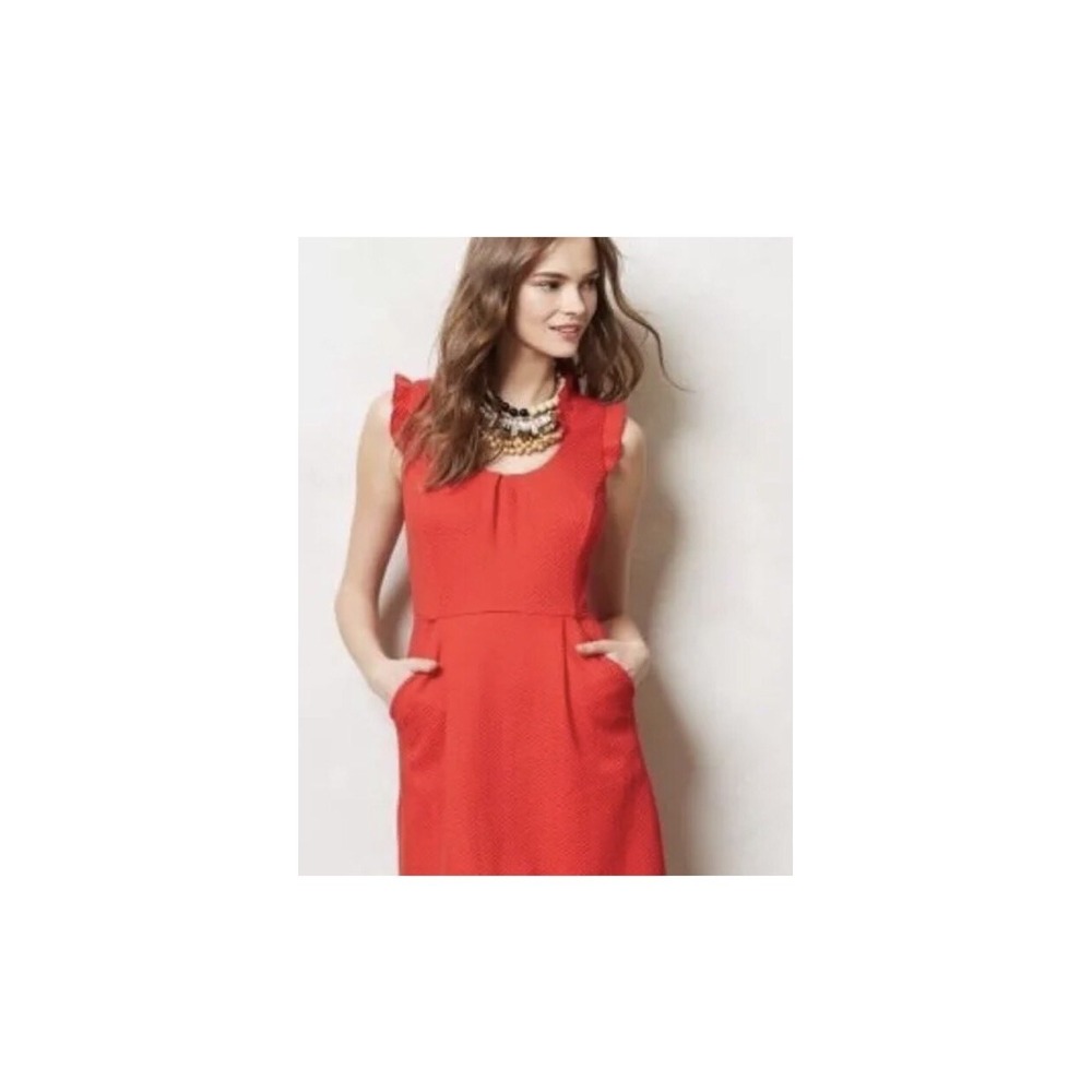 Anthropologie Tabitha Cherie Dress Red Ruffle Pockets Textured Size 4